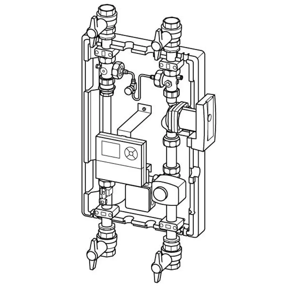 Aufbauzeichnung eines Produktes von Uponor mit mehreren Ventilen, einem Steuergerät und Messinstrumenten in einem vertikalen Rahmen.